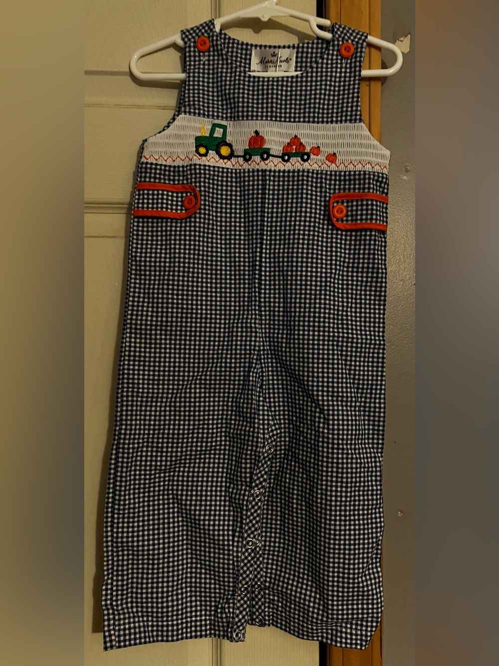 Marie Nicole clothing Smocked Navy Gingham romper Tractor and Pumpkins 12-18 Mo